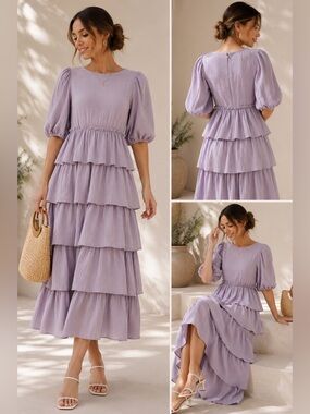 Free the Roses Tiered Midi maxi Dress lavender cotton gauze ruffle dress XS